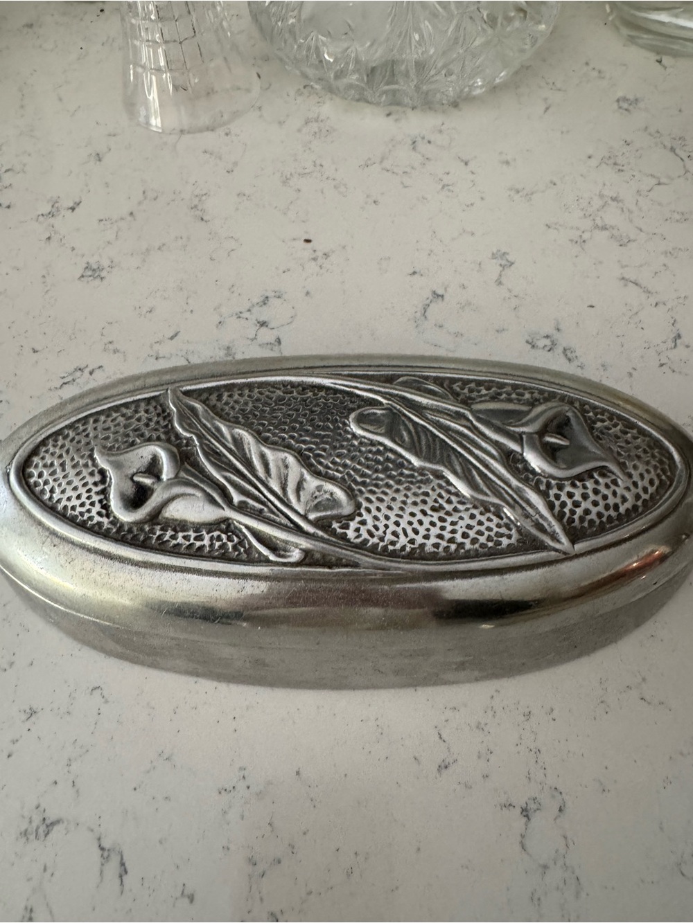 Decorative Pewter Oval Trinket Box with Floral Relief